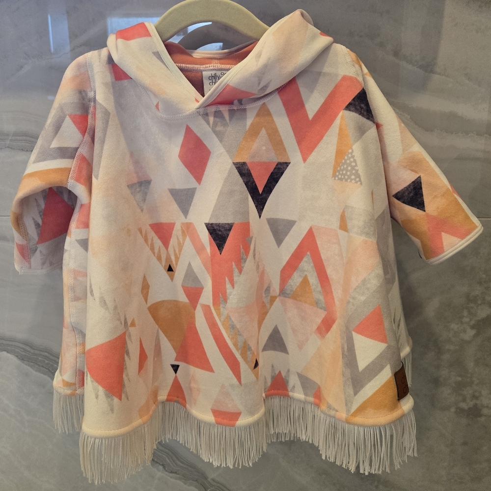 Chilly Child Geometric Patterned Poncho with Fringe